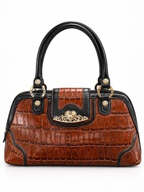 MC Marc Chantal Cognac Brown Croc Embossed Leather Satchel Handbag